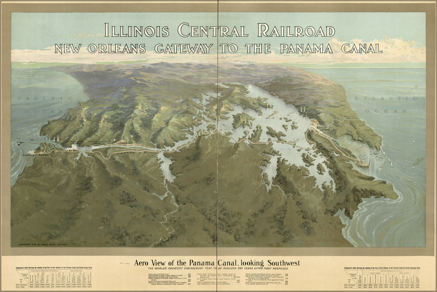 24"x36" Gallery Poster, Aero view map of the Panama Canal, looking southwest 1912