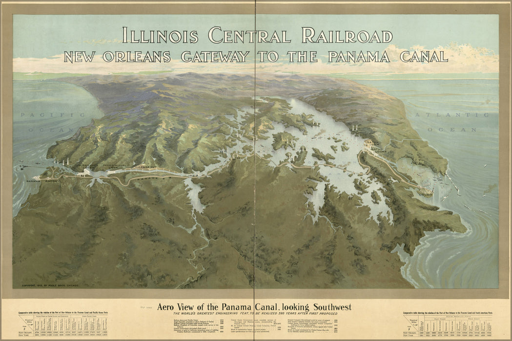 24"x36" Gallery Poster, Aero view map of the Panama Canal, looking southwest 1912