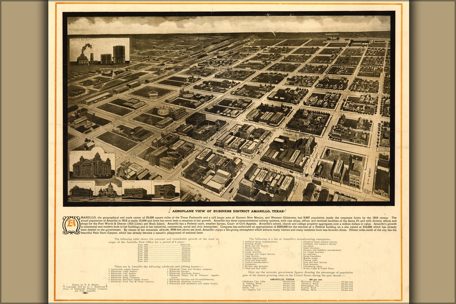 24"x36" Gallery Poster, Aeroplane view map of Amarillo, Texas 1912