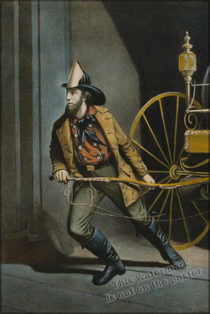 24"x36" Gallery Poster, American Fireman, lithograph by Currier and Ives, 1858