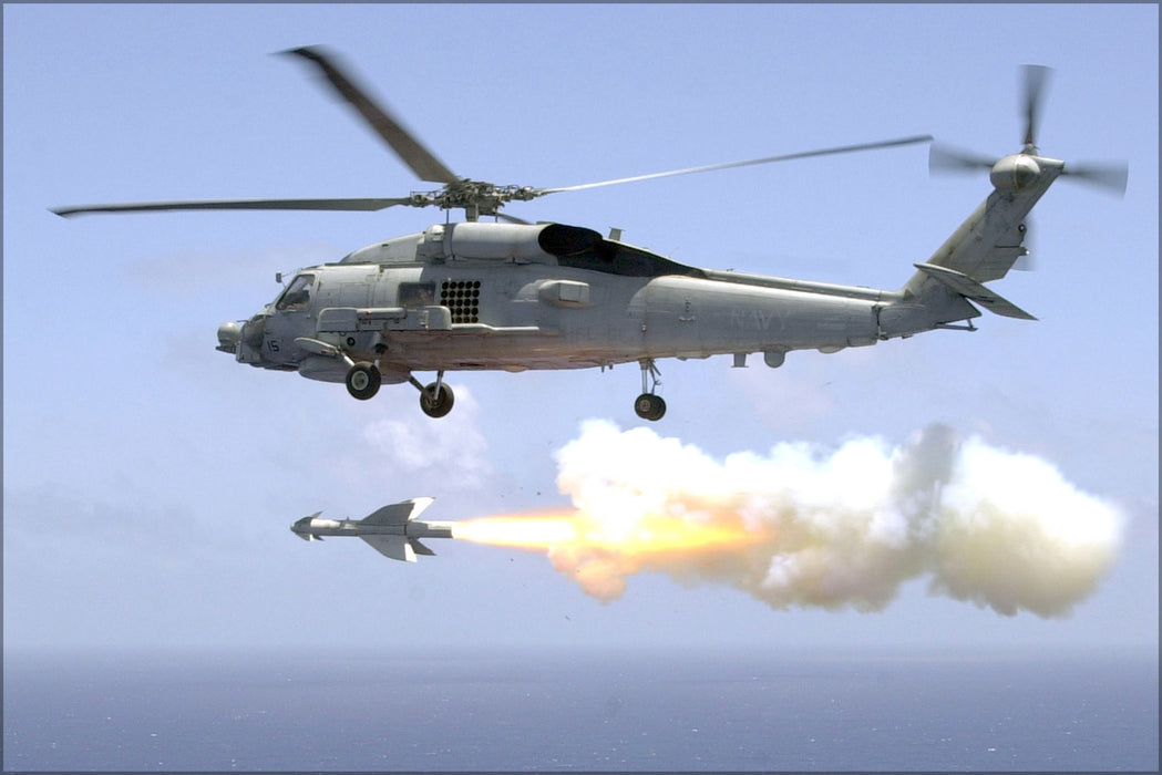 24"x36" Gallery Poster, An SH-60B sh-60 Sea Hawk of Helicopter Antisubmarine Light Five One (HSL-51) fires an AGM-119 Penguin anti-ship mi