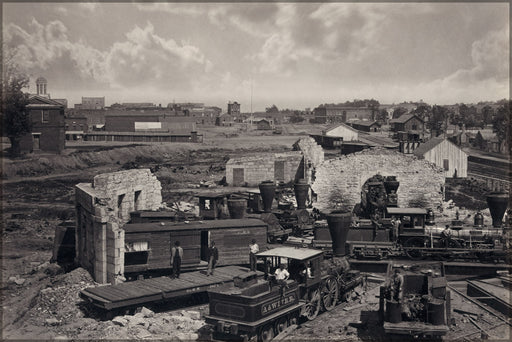 24"x36" Gallery Poster, Atlanta, Georgia shortly after the end of the American Civil War showing the city's railroad roundhouse in ruins
