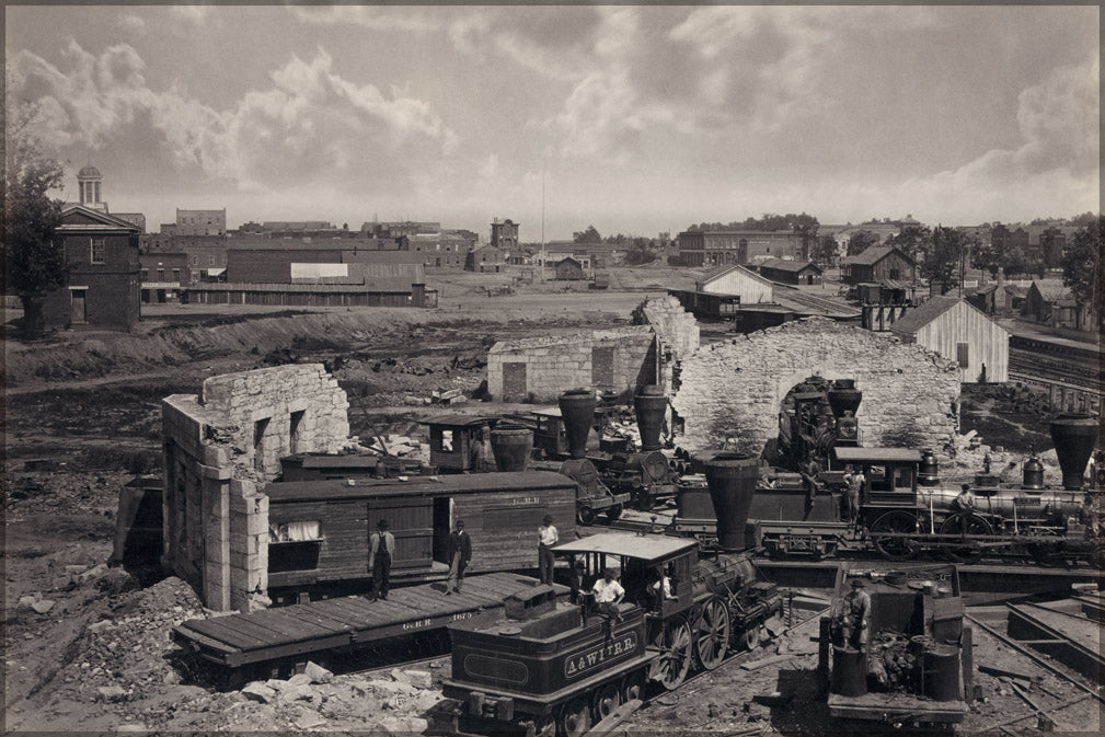 24"x36" Gallery Poster, Atlanta, Georgia shortly after the end of the American Civil War showing the city's railroad roundhouse in ruins
