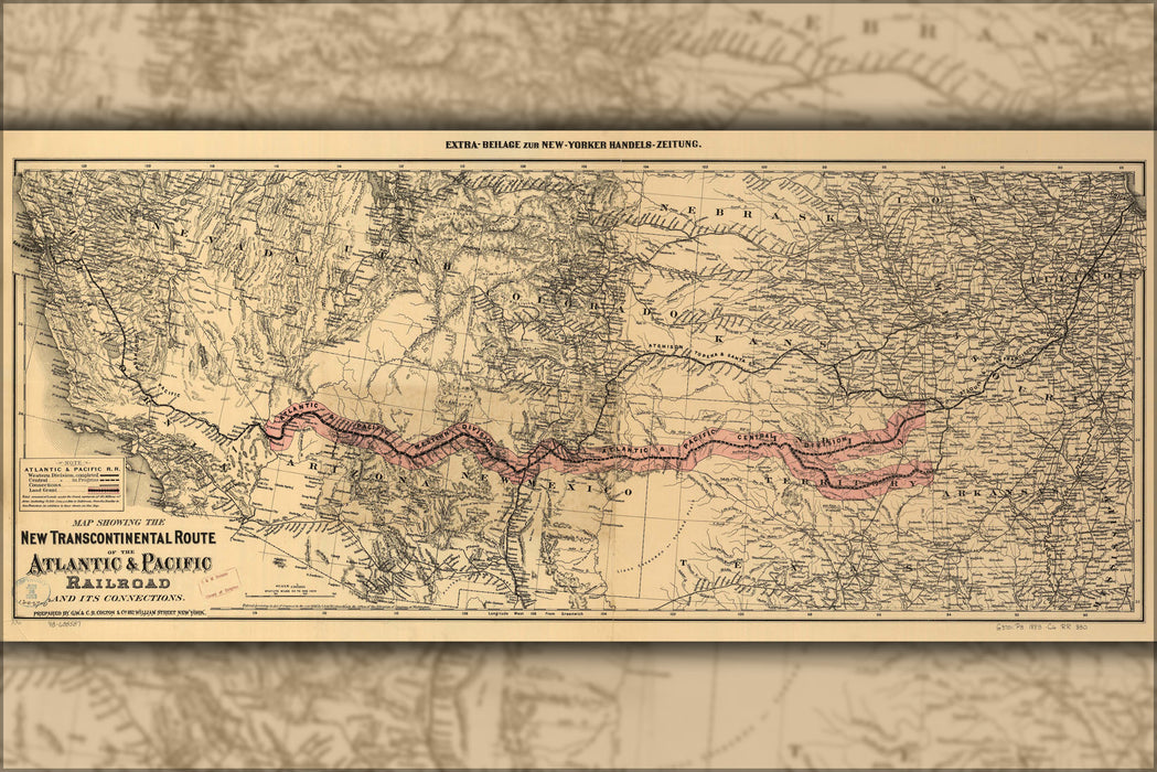24"x36" Gallery Poster, Atlantic & Pacific Railroad Map; Transcontinental Railroad c1883