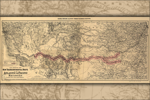 24"x36" Gallery Poster, Atlantic & Pacific Railroad Map; Transcontinental Railroad c1883