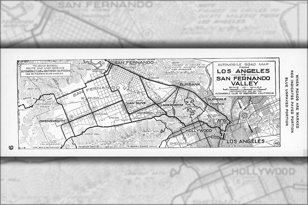 24"x36" Gallery Poster, Automobile road map from Los Angeles to San Fernando Valley, 1917 (AAA-SM-000310)