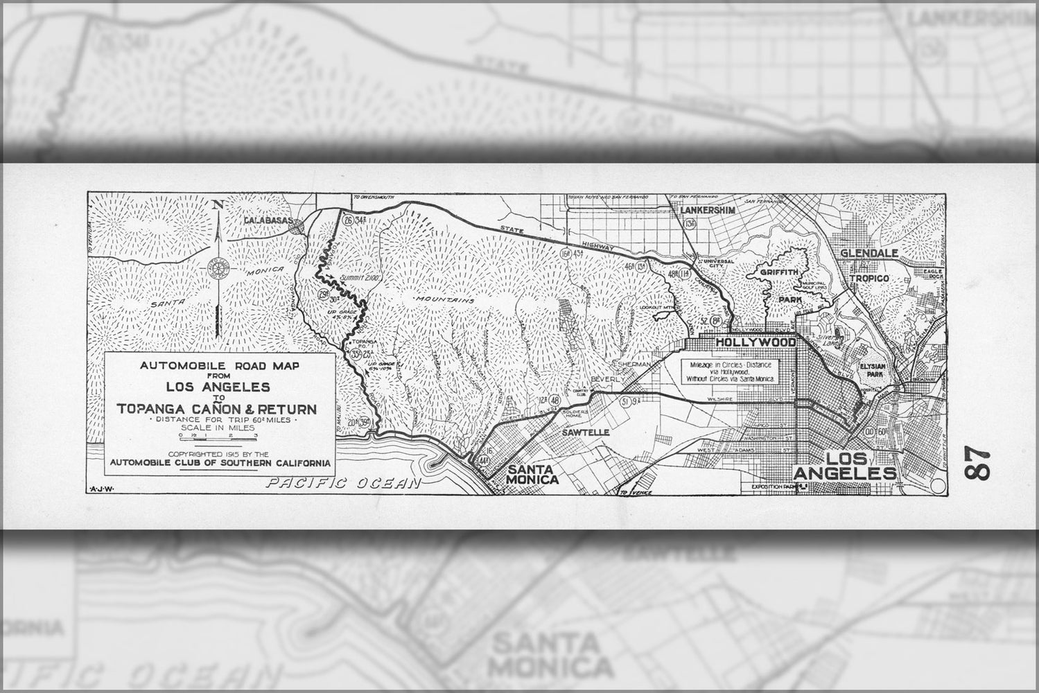 24"x36" Gallery Poster, Automobile road map from Los Angeles to Topanga Canon and return, 1915 (AAA-SM-004587)
