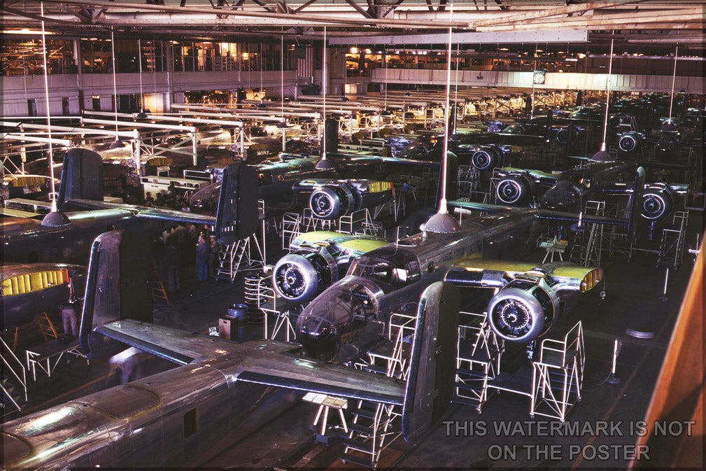 24"x36" Gallery Poster, B-25 Mitchell bomber final assembly line at North American Aviation's Inglewood, California (USA), plant