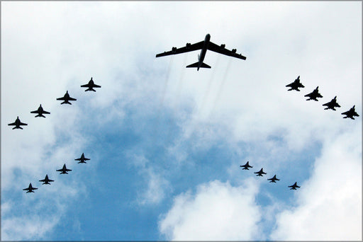 24"x36" Gallery Poster, B-52 Stratofortress and 16 other aircraft from the Air Force and Navy fly over USS Kitty Hawk (CV 63)