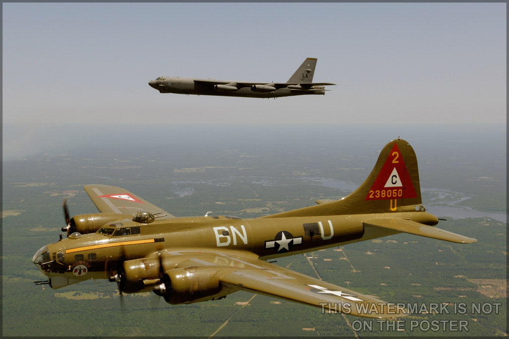 24"x36" Gallery Poster, B-52 Stratofortress in formation with a B-17 flying fortress