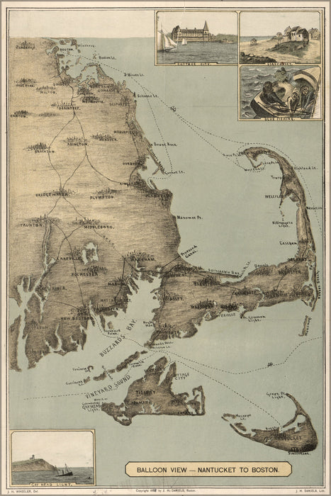 24"x36" Gallery Poster, Balloon view map , Nantucket to Boston 1885