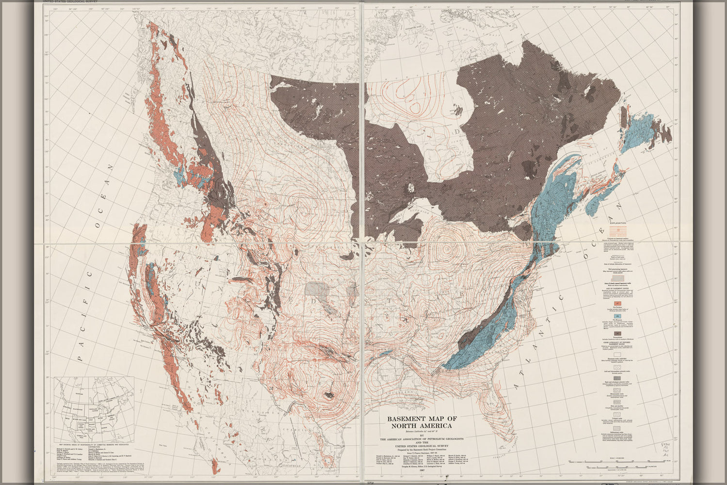 24"x36" Gallery Poster, Basement map of united states of america canada 1966