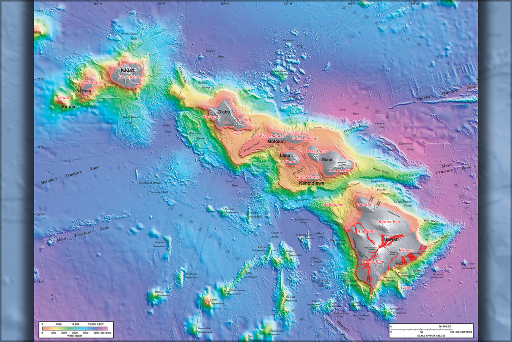 24"x36" Gallery Poster, Bathymetric map of the Hawaiian Islands