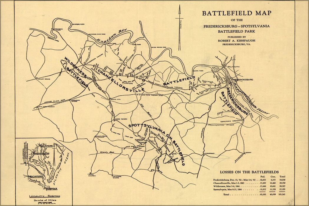 24"x36" Gallery Poster, Battle field map of Fredericksburg Spotsylvania Battlefield Park
