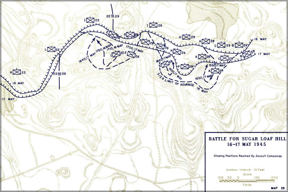 24"x36" Gallery Poster, Battle for Sugar Loaf Hill. 16-17 May 1945 battle of okinawa