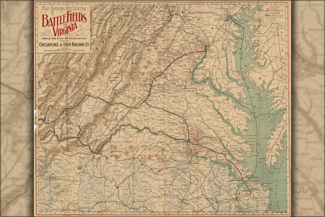 24"x36" Gallery Poster, Battlefields of Virginia Map by Chesapeake & Ohio Railway Railroad Company c1891