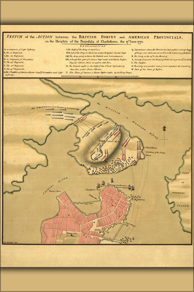24"x36" Gallery Poster, Battleground Map of the Battle of bunker Hill 1775