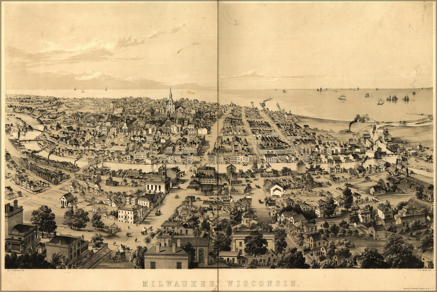24"x36" Gallery Poster, Bird's-eye view map of Milwaukee, Wisconsin in 1854