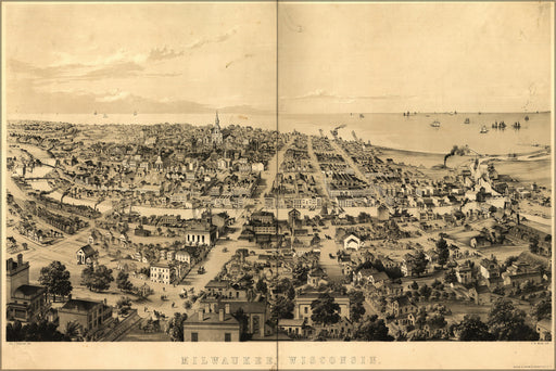 24"x36" Gallery Poster, Bird's-eye view map of Milwaukee, Wisconsin in 1854
