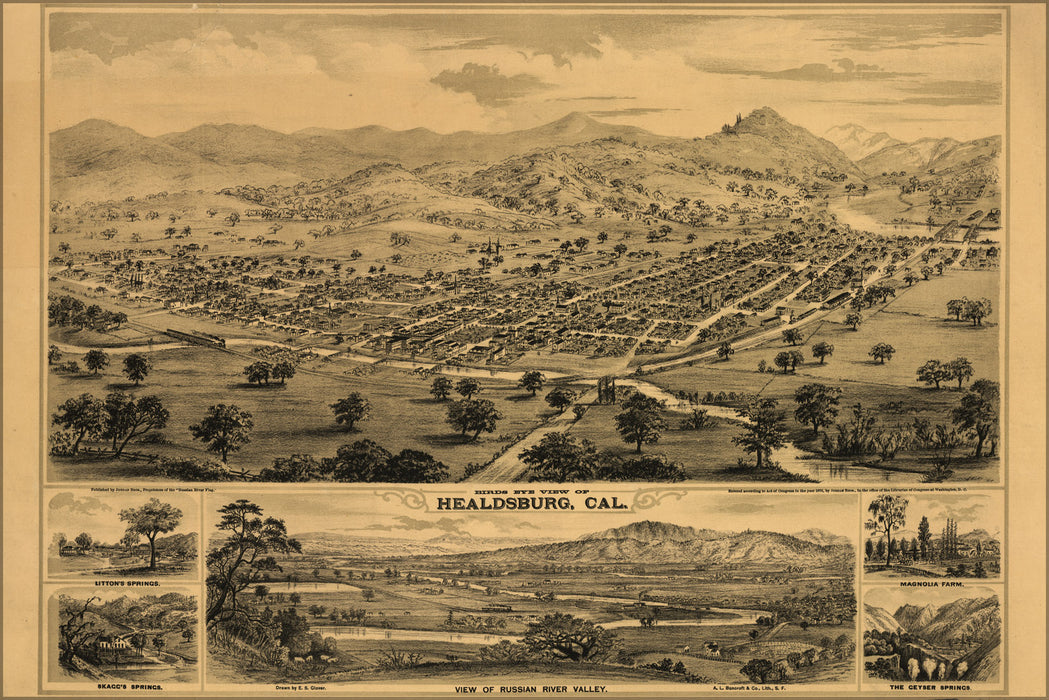 24"x36" Gallery Poster, Bird's eye view map of Healdsburg, Cal. 1876