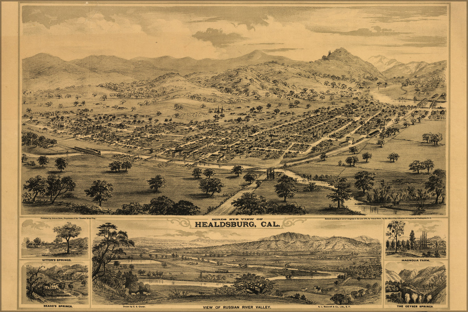 24"x36" Gallery Poster, Bird's eye view map of Healdsburg, Cal. 1876