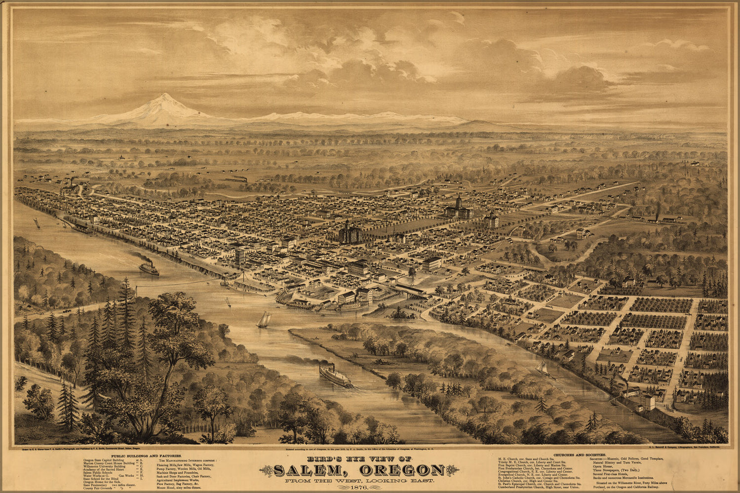 24"x36" Gallery Poster, Bird's eye view map of Salem, Oregon 1876
