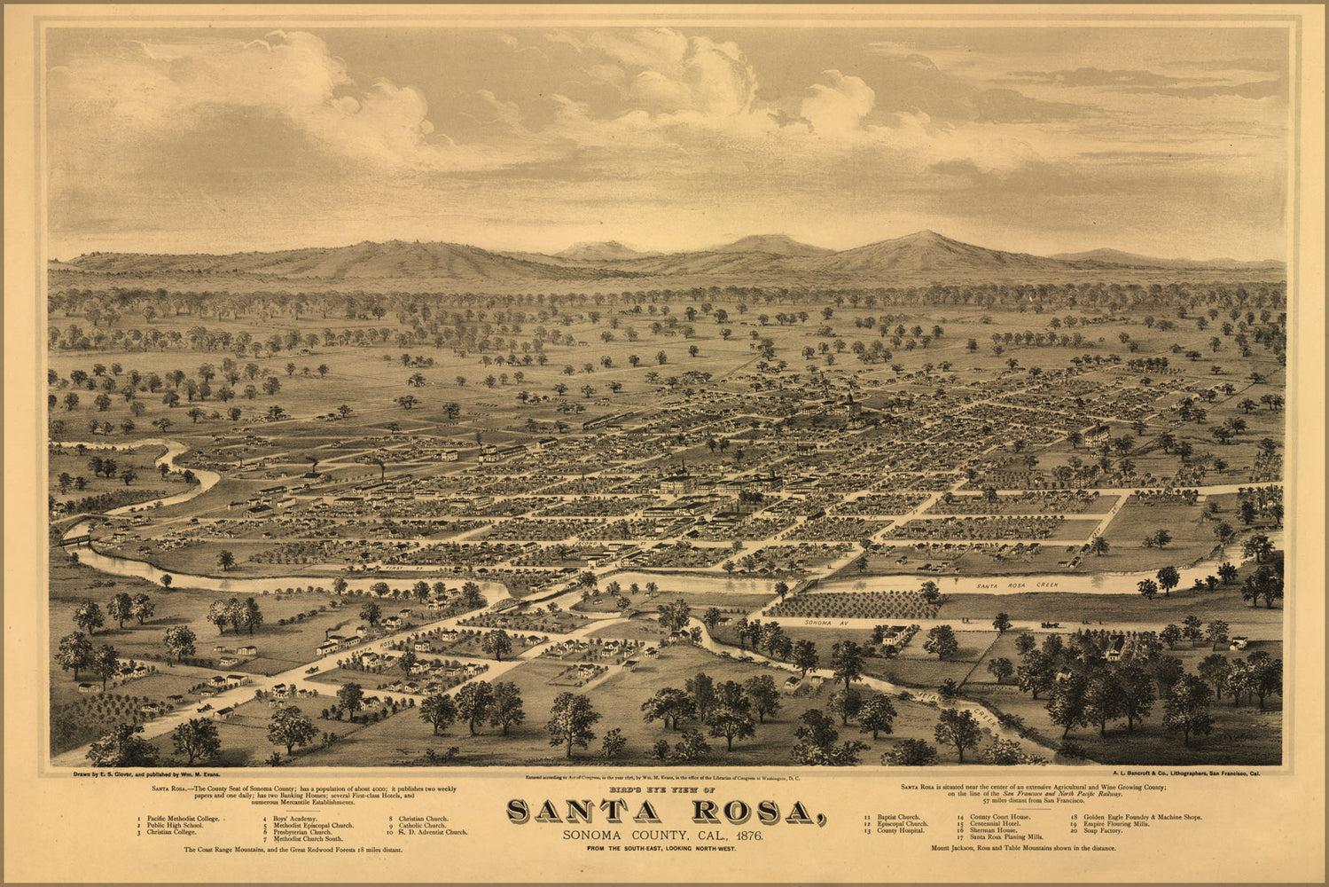 24"x36" Gallery Poster, Bird's eye view map of Santa Rosa, Sonoma County, Cal., 1876