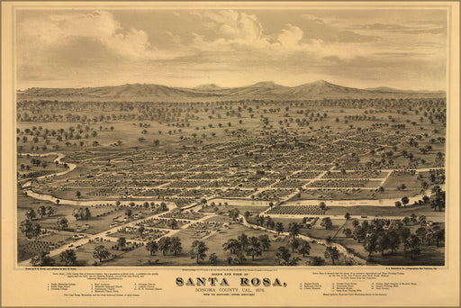 24"x36" Gallery Poster, Bird's eye view map of Santa Rosa, Sonoma County, Cal., 1876