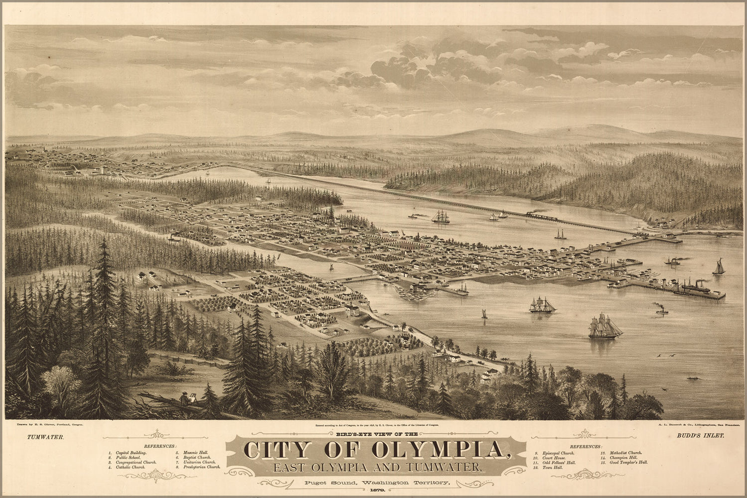 24"x36" Gallery Poster, Bird's eye view map of the city of Olympia, East Olympia and Tumwater, Puget Sound, Washington Territory, 1879