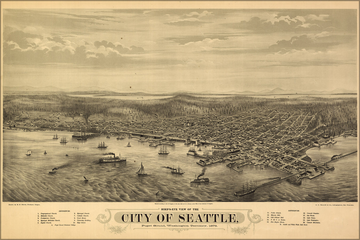 24"x36" Gallery Poster, Bird's eye view map of the city of Seattle, Puget Sound, Washington Territory, 1878