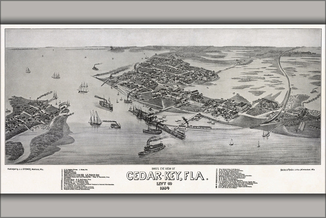 24"x36" Gallery Poster, Bird's eye view of Cedar Key, Florida c1884