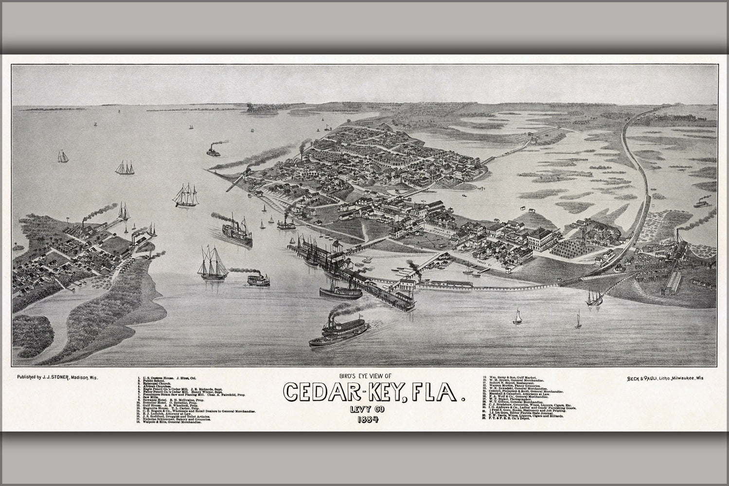24"x36" Gallery Poster, Bird's eye view of Cedar Key, Florida c1884