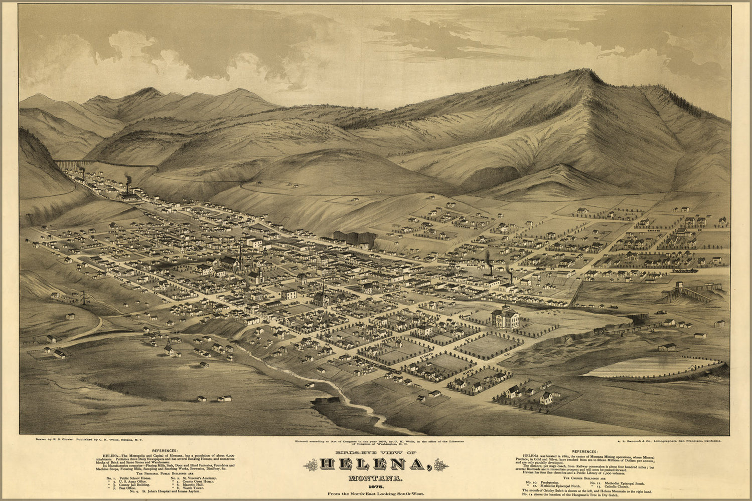 24"x36" Gallery Poster, Birds-eye view map of Helena, Montana 1875