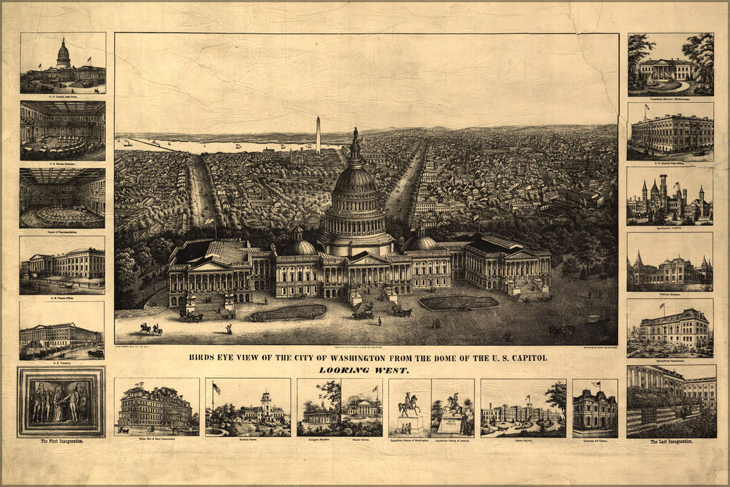 24"x36" Gallery Poster, Birds eye view map of the city of Washington from the dome of the U.S. Capitol late 19th century