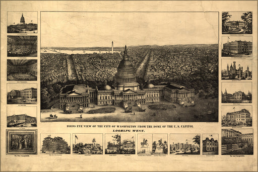 24"x36" Gallery Poster, Birds eye view map of the city of Washington from the dome of the U.S. Capitol late 19th century