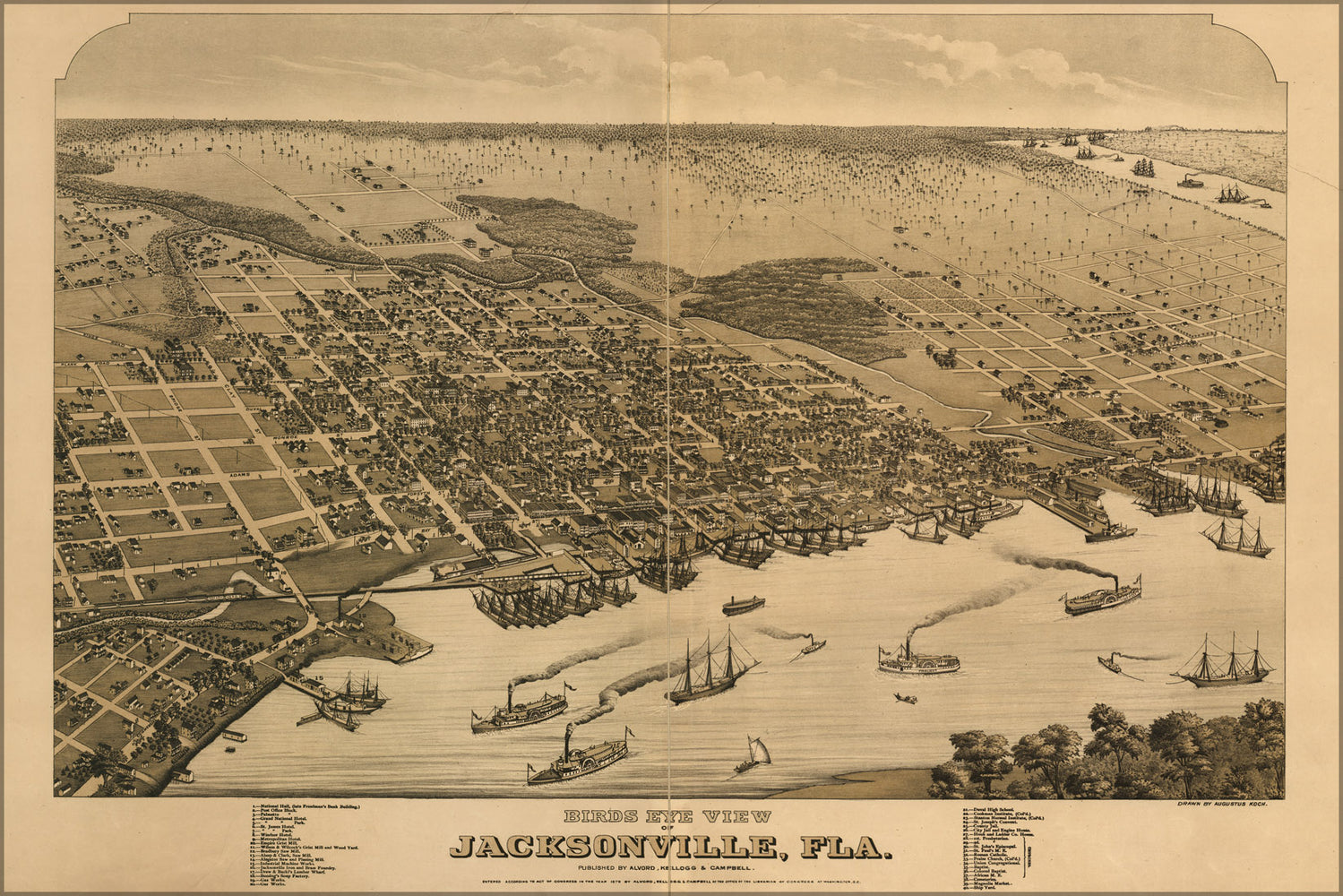 24"x36" Gallery Poster, Birds eye view of Jacksonville, Florida 1876