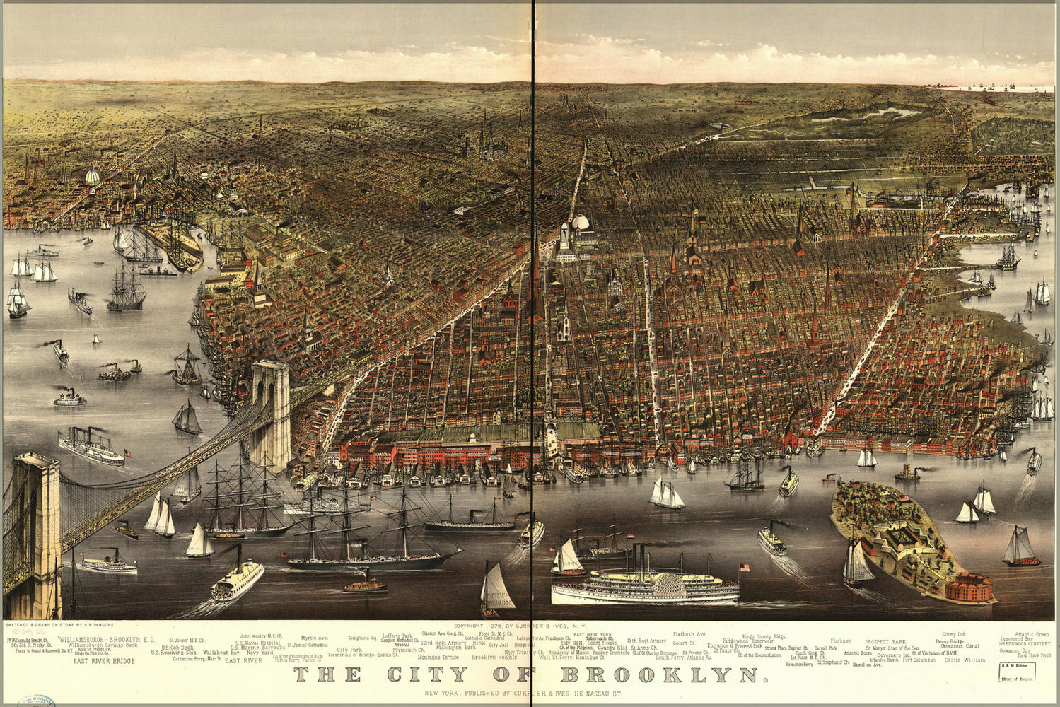 24"x36" Gallery Poster, Birdseye View Map of Brooklyn New York City 1879