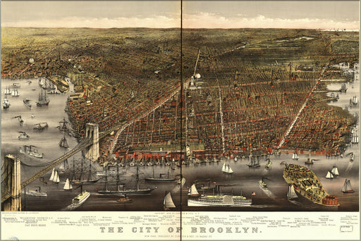 24"x36" Gallery Poster, Birdseye View Map of Brooklyn New York City 1879