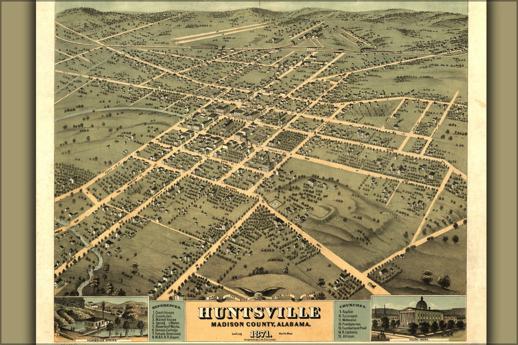 24"x36" Gallery Poster, Birdseye View Map of Huntsville Alabama 1871
