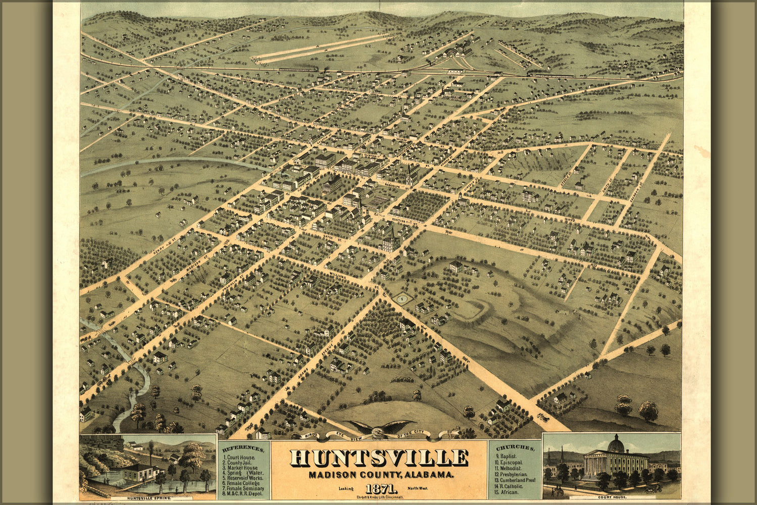 24"x36" Gallery Poster, Birdseye View Map of Huntsville Alabama 1871