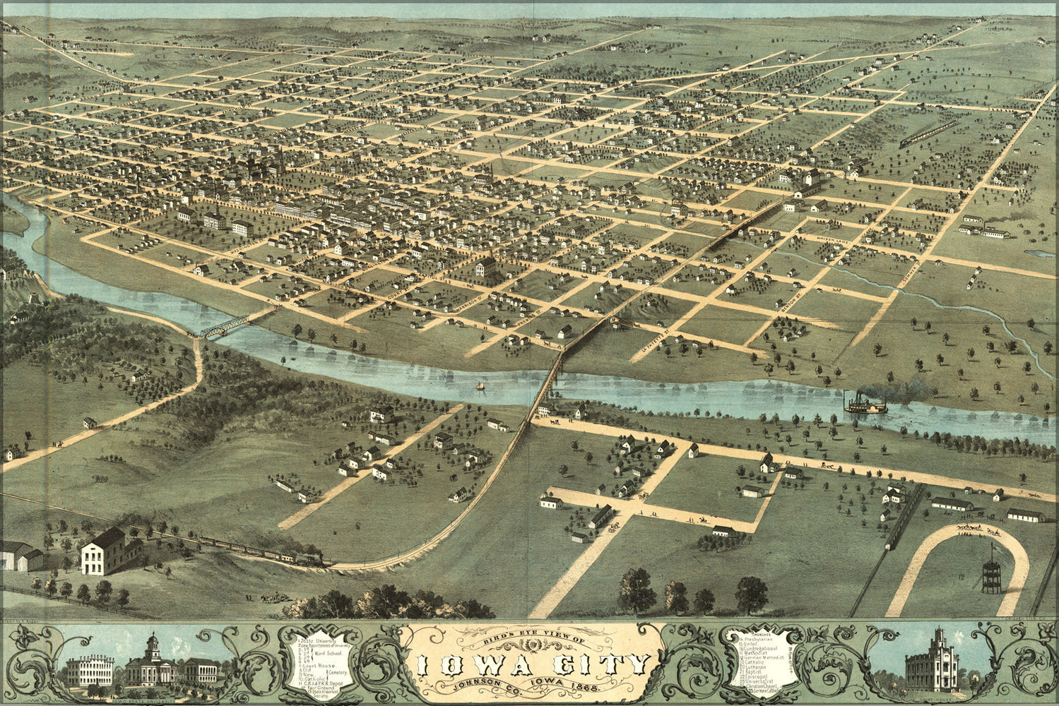 24"x36" Gallery Poster, Birdseye View Map of Iowa City Iowa 1868