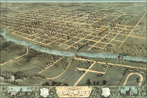 24"x36" Gallery Poster, Birdseye View Map of Iowa City Iowa 1868