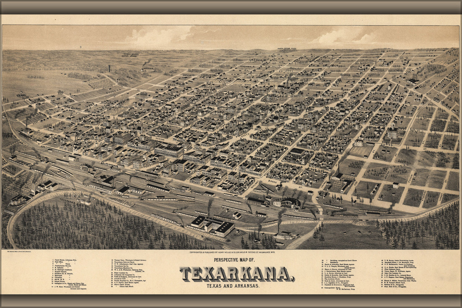 24"x36" Gallery Poster, Birdseye View map of Texarkana Texas & Arkansas 1888 by Henry wellge
