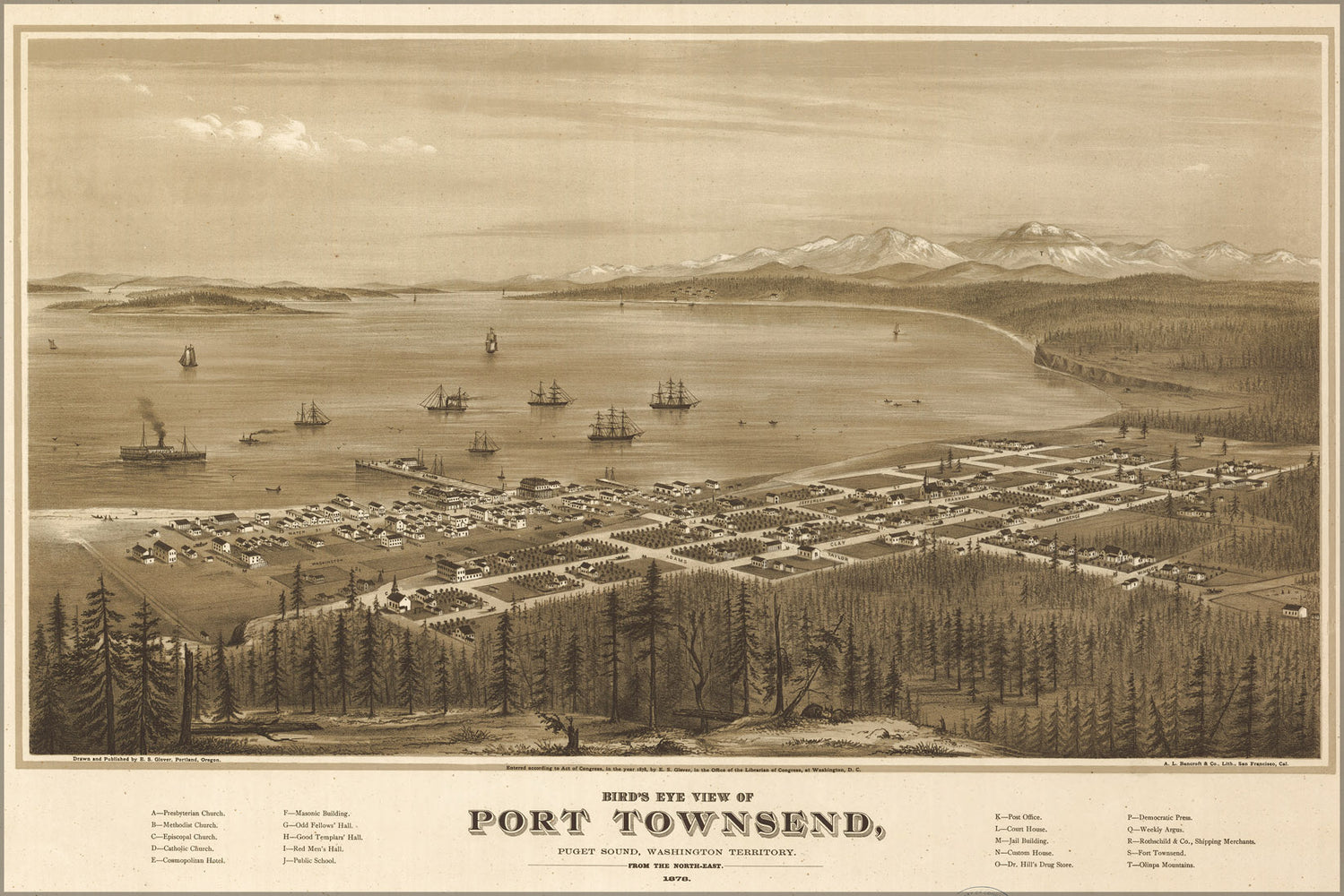 24"x36" Gallery Poster, Birdseye map Port Townsend Washington State 1878