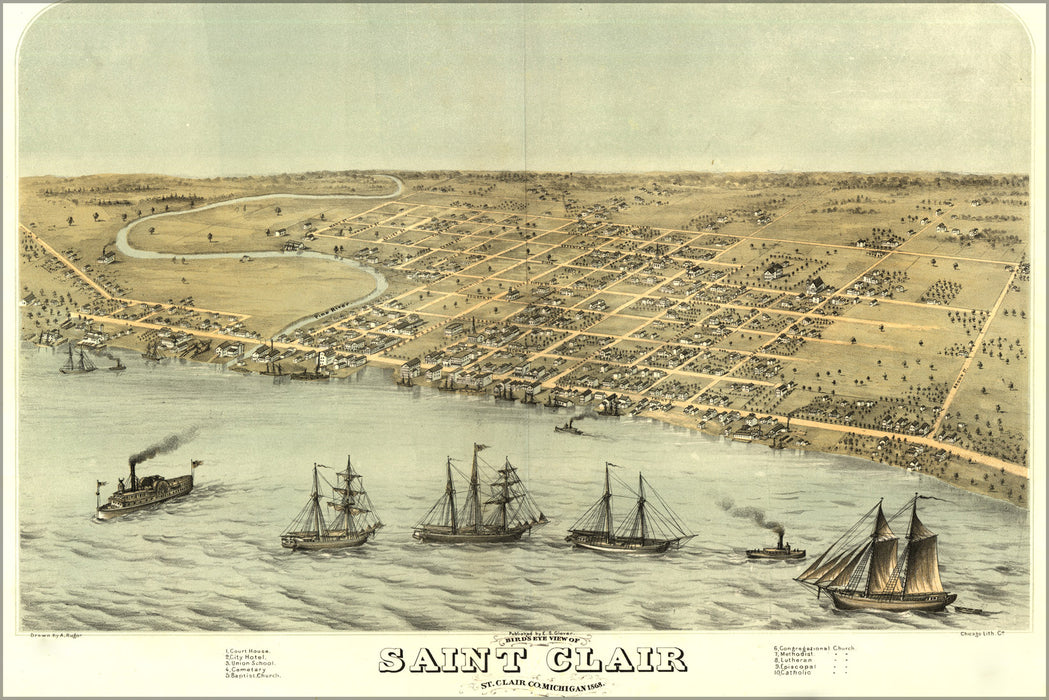 24"x36" Gallery Poster, Birdseye map St. Clair Saint Clair Michigan 1868