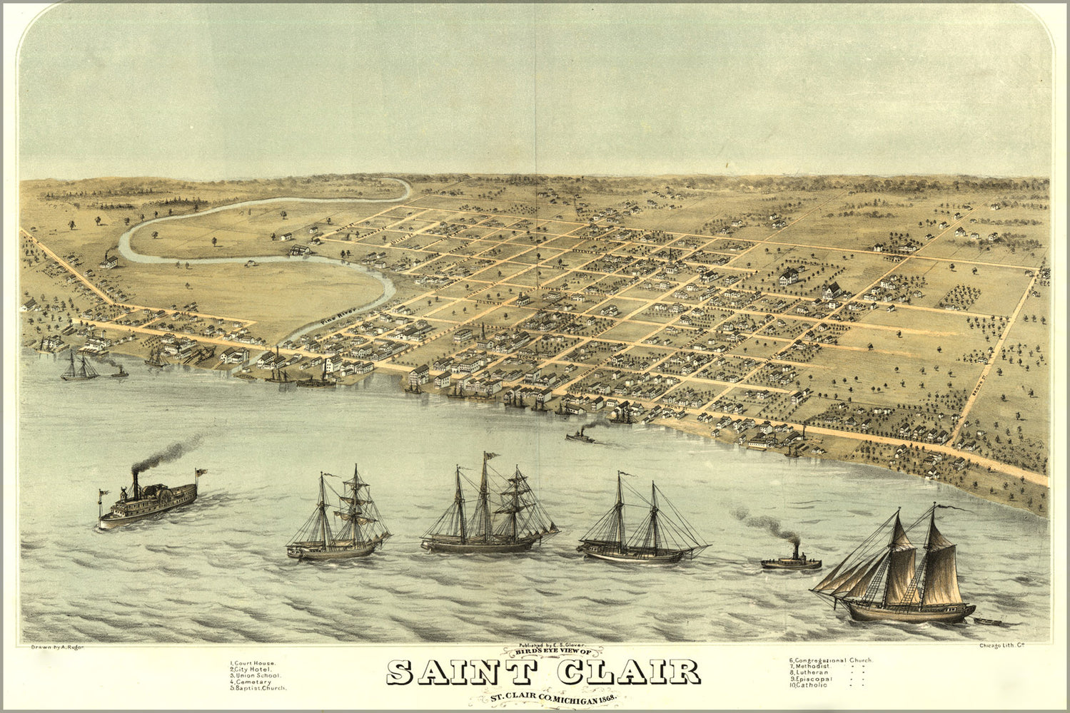 24"x36" Gallery Poster, Birdseye map St. Clair Saint Clair Michigan 1868