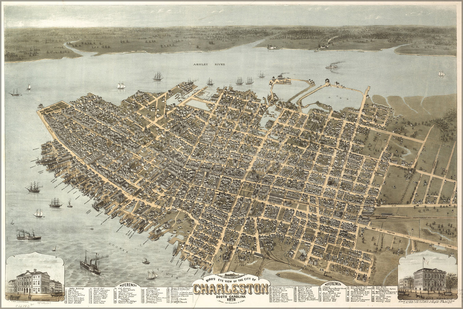 24"x36" Gallery Poster, Birdseye map of Charleston South Carolina 1872