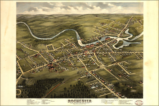 24"x36" Gallery Poster, Birdseye map of Rochester New Hampshire 1877