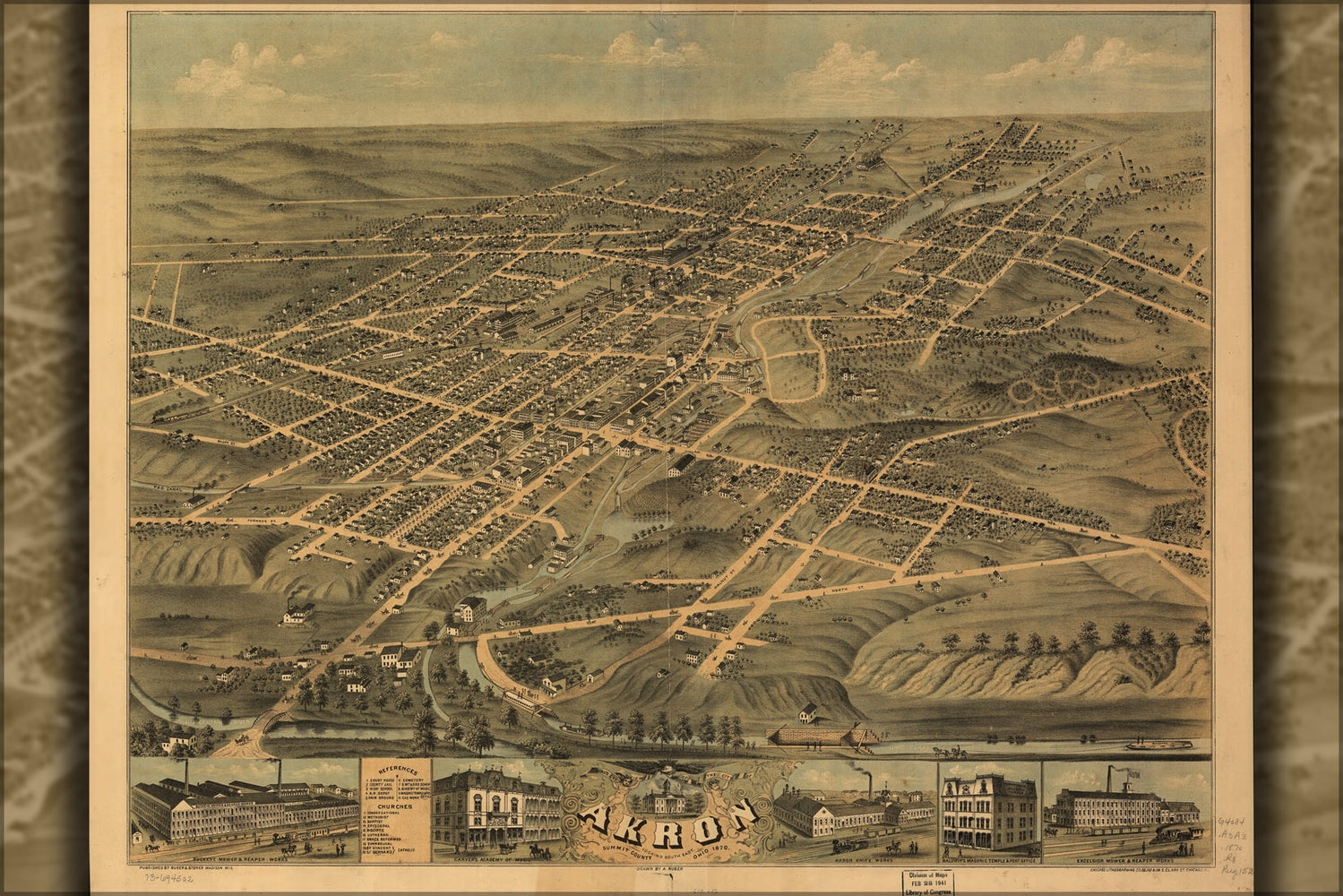 24"x36" Gallery Poster, Birdseye view map of Akron, Ohio 1870