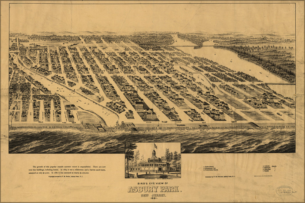 24"x36" Gallery Poster, Birdseye view map of Asbury Park, New Jersey, 1881